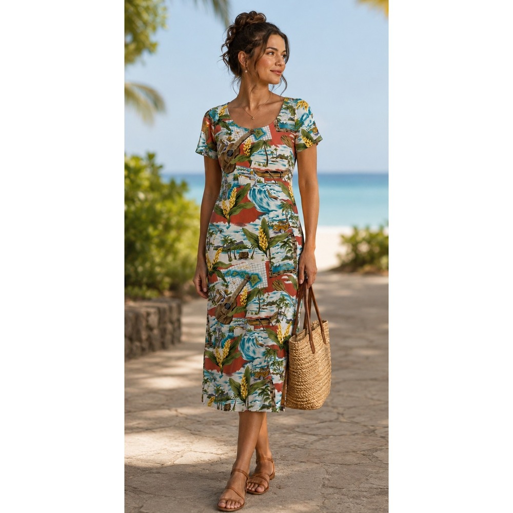 Hilo Hattie Hawaiian Tropical Beach Aloha Scenic Rayon Midi Dress Small Floral